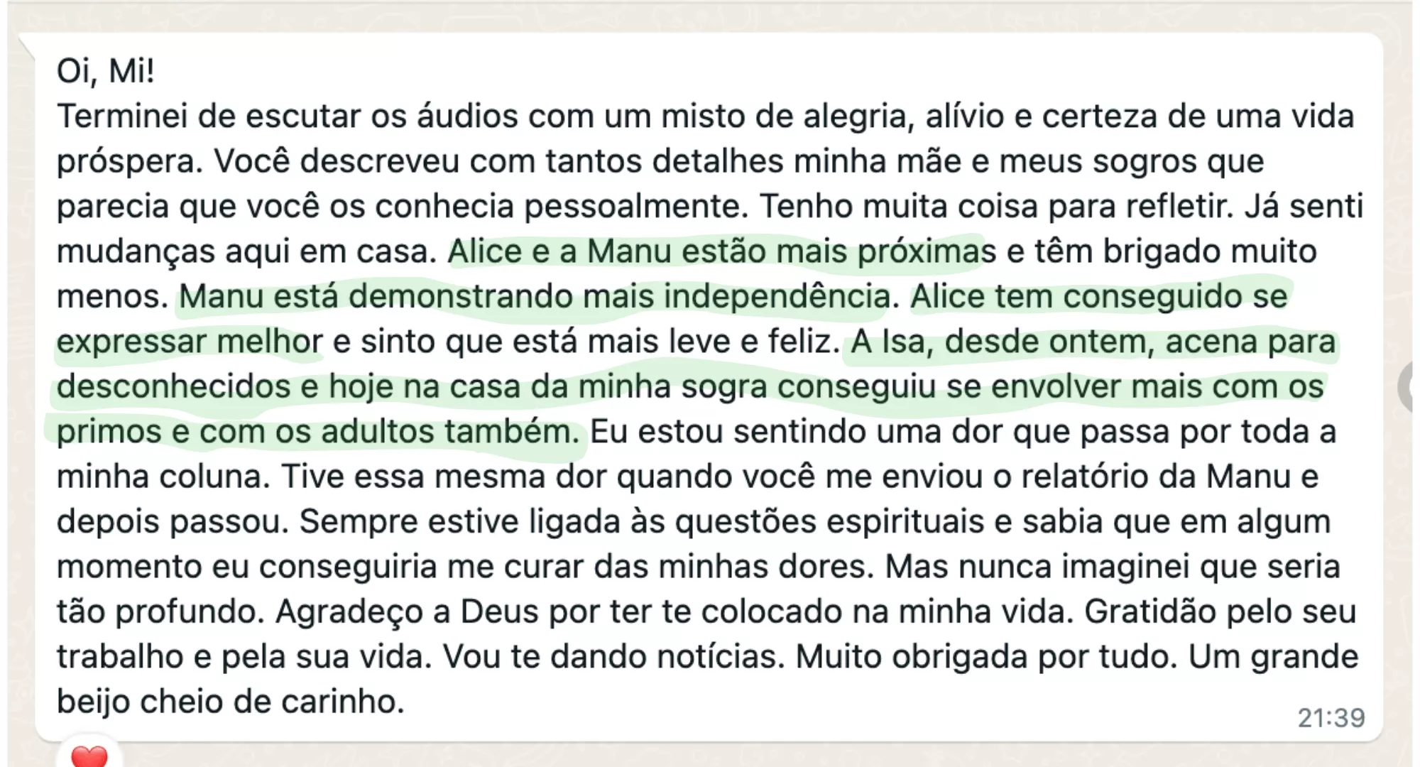 Depoimento sobre dores na coluna e vínculos